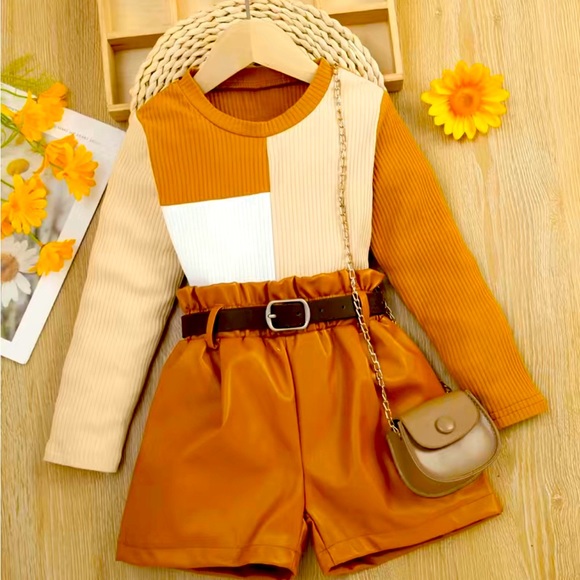 Girls Knotted Long Sleeve Top and Short Set with Belt - Picture 1 of 1